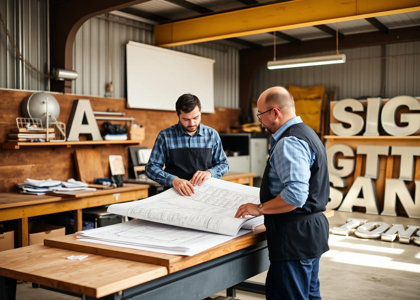 Sign industry professionals reviewing fabrication plans